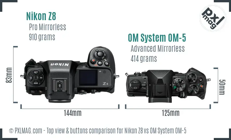 Nikon Z8 vs OM System OM-5 top view buttons comparison