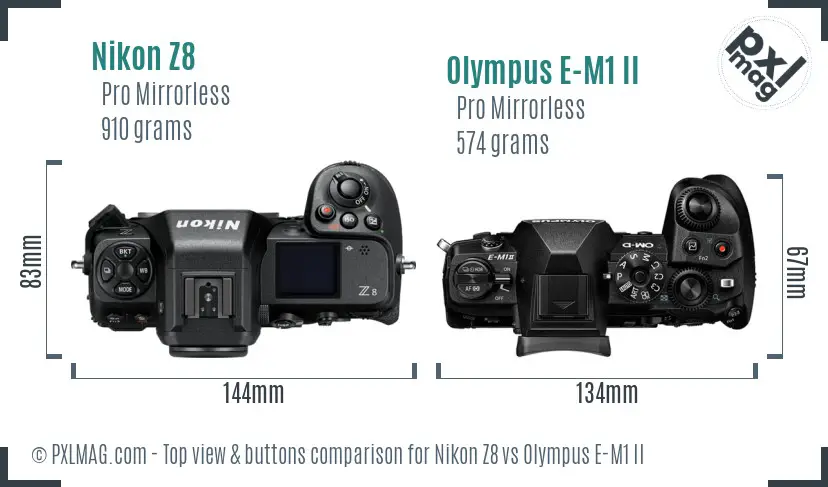Nikon Z8 vs Olympus E-M1 II top view buttons comparison Nikon Z8 vs Olympus E-M1 II top view buttons comparison