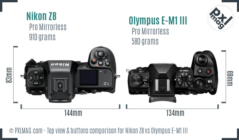 Nikon Z8 vs Olympus E-M1 III top view buttons comparison