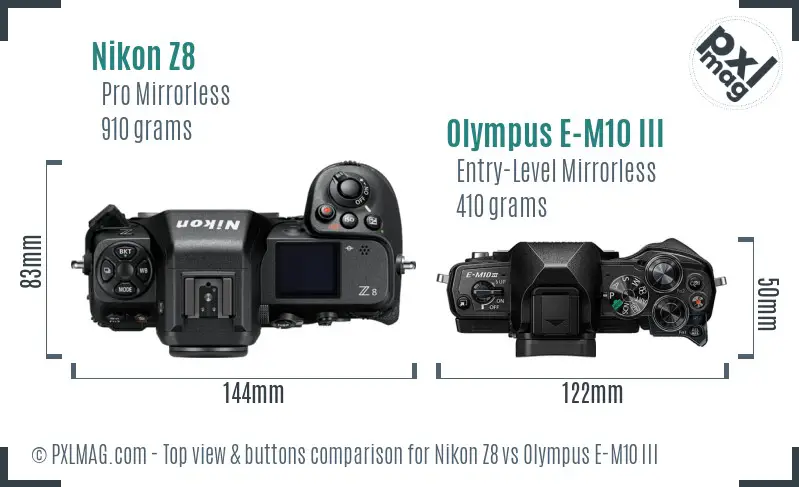 Nikon Z8 vs Olympus E-M10 III top view buttons comparison