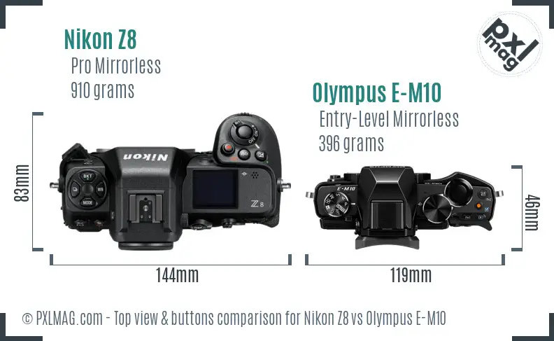 Nikon Z8 vs Olympus E-M10 top view buttons comparison