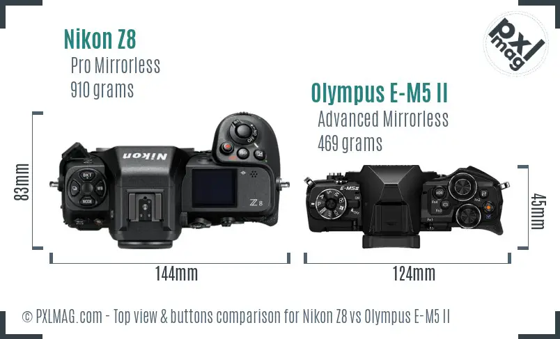 Nikon Z8 vs Olympus E-M5 II top view buttons comparison