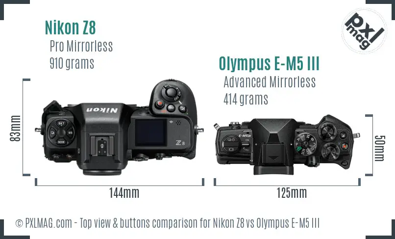 Nikon Z8 vs Olympus E-M5 III top view buttons comparison Nikon Z8 vs Olympus E-M5 III top view buttons comparison