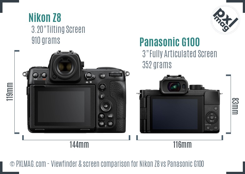 Nikon Z8 vs Panasonic G100 Screen and Viewfinder comparison