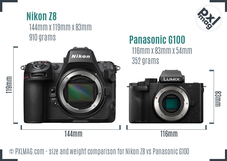 Nikon Z8 vs Panasonic G100 size comparison