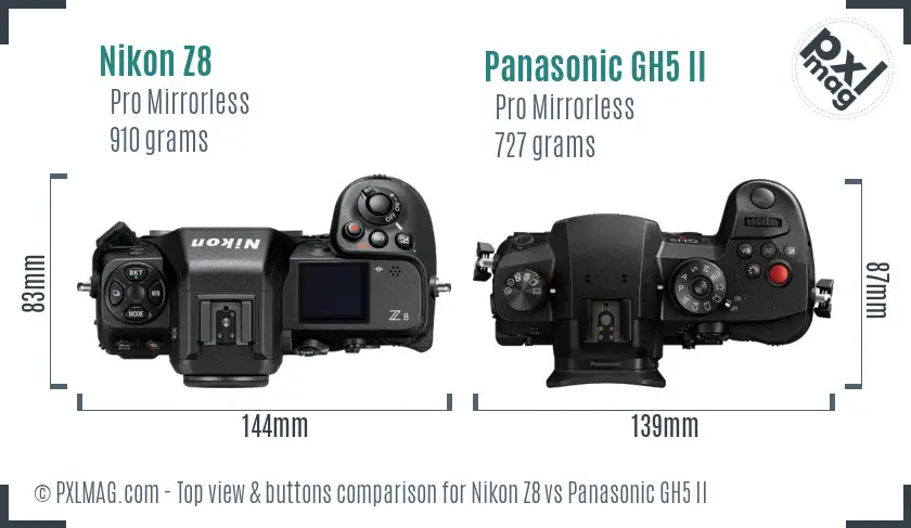 Nikon Z8 vs Panasonic GH5 II top view buttons comparison Nikon Z8 vs Panasonic GH5 II top view buttons comparison