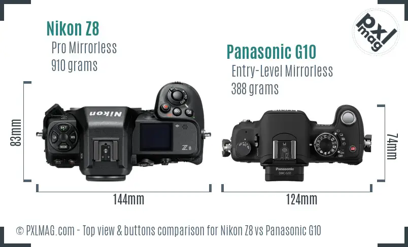 Nikon Z8 vs Panasonic G10 top view buttons comparison Nikon Z8 vs Panasonic G10 top view buttons comparison