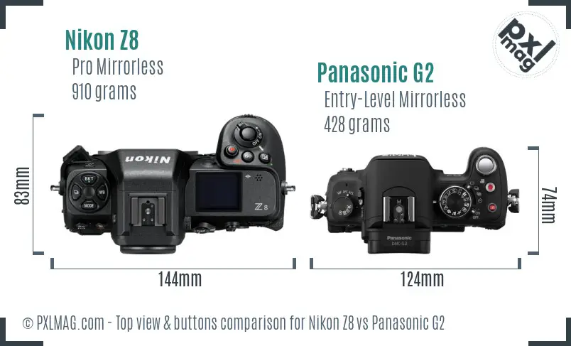 Nikon Z8 vs Panasonic G2 top view buttons comparison
