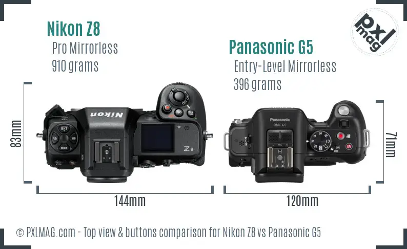 Nikon Z8 vs Panasonic G5 top view buttons comparison Nikon Z8 vs Panasonic G5 top view buttons comparison