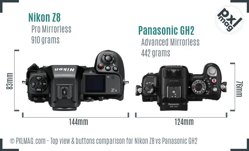 Nikon Z8 vs Panasonic GH2 top view buttons comparison