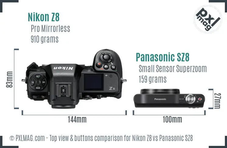 Nikon Z8 vs Panasonic SZ8 top view buttons comparison Nikon Z8 vs Panasonic SZ8 top view buttons comparison