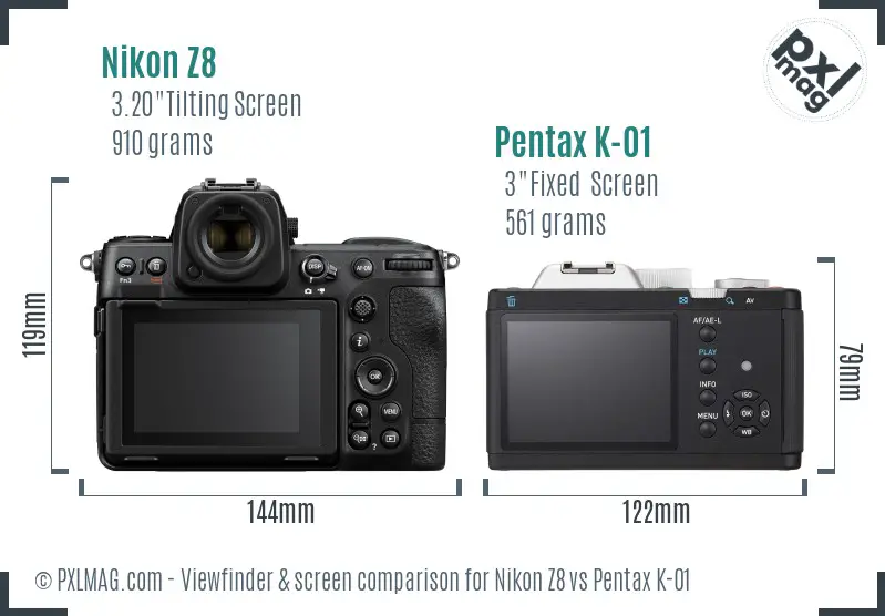 Nikon Z8 vs Pentax K-01 Screen and Viewfinder comparison