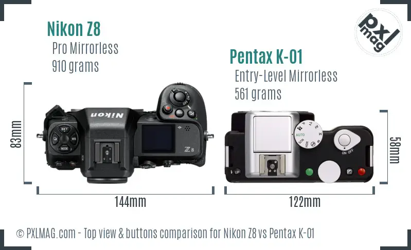 Nikon Z8 vs Pentax K-01 top view buttons comparison
