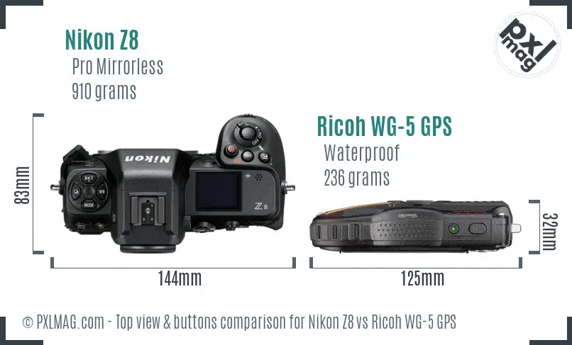 Nikon Z8 vs Ricoh WG-5 GPS top view buttons comparison Nikon Z8 vs Ricoh WG-5 GPS top view buttons comparison