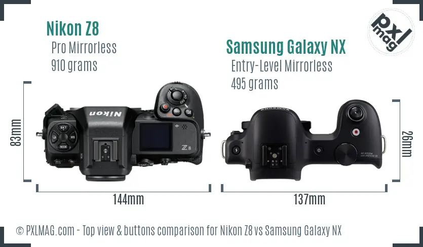 Nikon Z8 vs Samsung Galaxy NX top view buttons comparison Nikon Z8 vs Samsung Galaxy NX top view buttons comparison