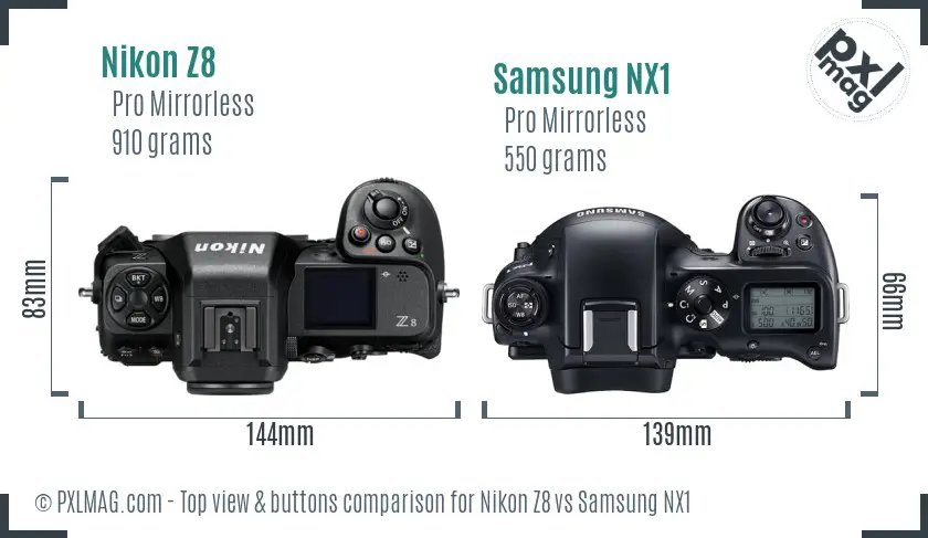 Nikon Z8 vs Samsung NX1 top view buttons comparison Nikon Z8 vs Samsung NX1 top view buttons comparison