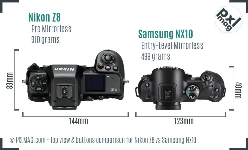 Nikon Z8 vs Samsung NX10 top view buttons comparison Nikon Z8 vs Samsung NX10 top view buttons comparison