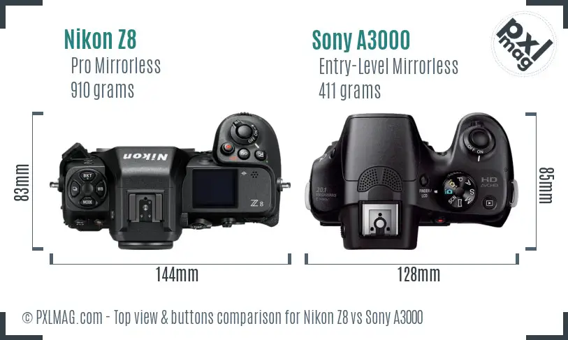 Nikon Z8 vs Sony A3000 top view buttons comparison