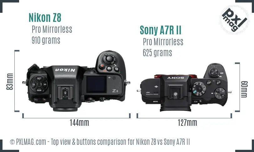 Nikon Z8 vs Sony A7R II top view buttons comparison