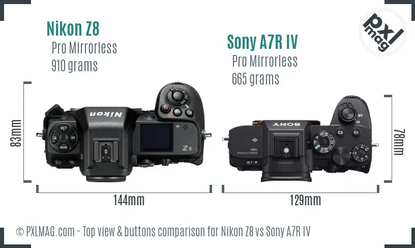 Nikon Z8 vs Sony A7R IV top view buttons comparison