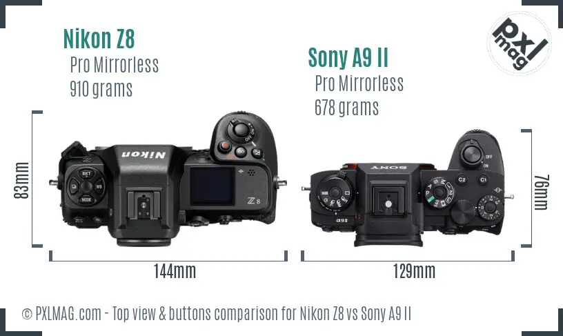 Nikon Z8 vs Sony A9 II top view buttons comparison Nikon Z8 vs Sony A9 II top view buttons comparison
