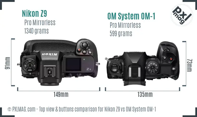 Nikon Z9 vs OM System OM-1 top view buttons comparison