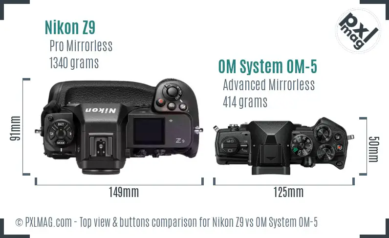 Nikon Z9 vs OM System OM-5 top view buttons comparison