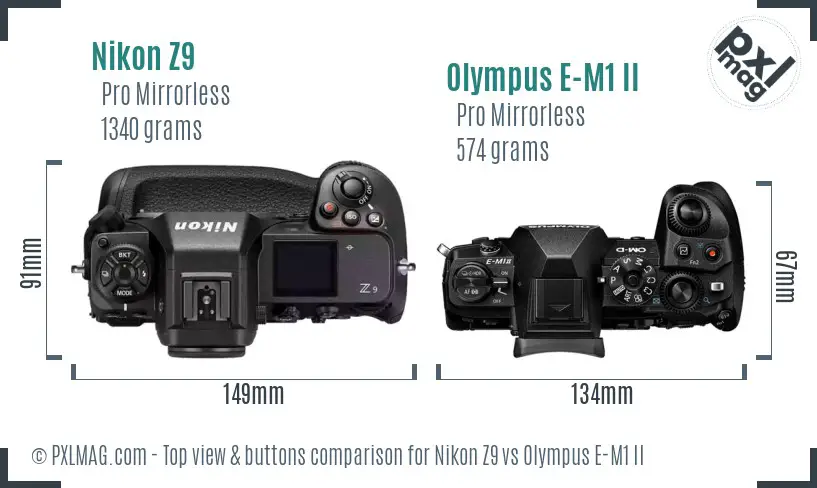 Nikon Z9 vs Olympus E-M1 II top view buttons comparison