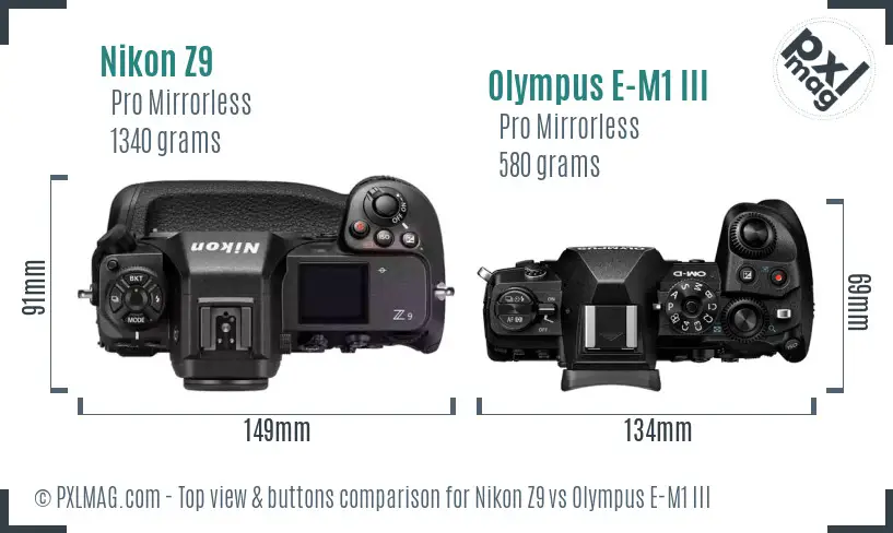 Nikon Z9 vs Olympus E-M1 III top view buttons comparison