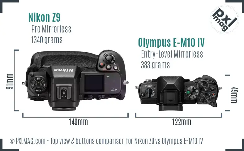 Nikon Z9 vs Olympus E-M10 IV top view buttons comparison Nikon Z9 vs Olympus E-M10 IV top view buttons comparison