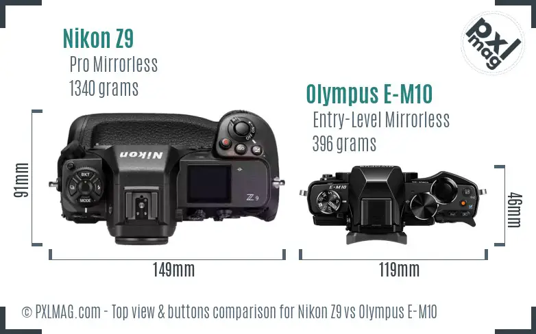 Nikon Z9 vs Olympus E-M10 top view buttons comparison