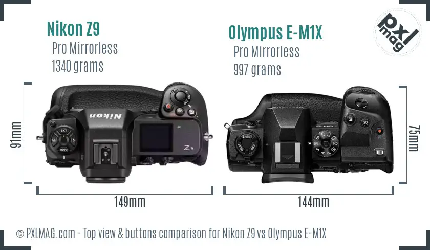Nikon Z9 vs Olympus E-M1X top view buttons comparison