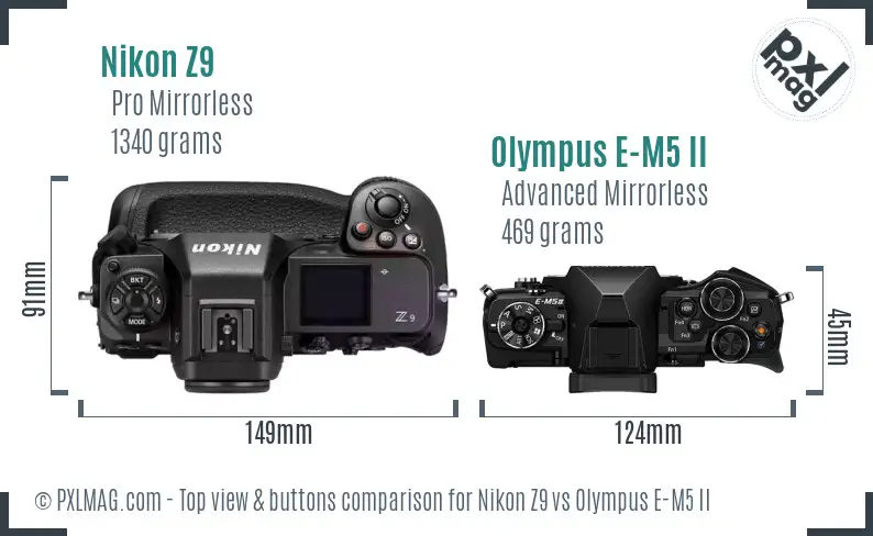 Nikon Z9 vs Olympus E-M5 II top view buttons comparison