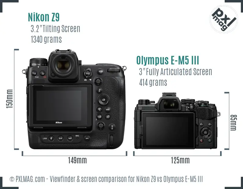 Nikon Z9 vs Olympus E-M5 III Screen and Viewfinder comparison