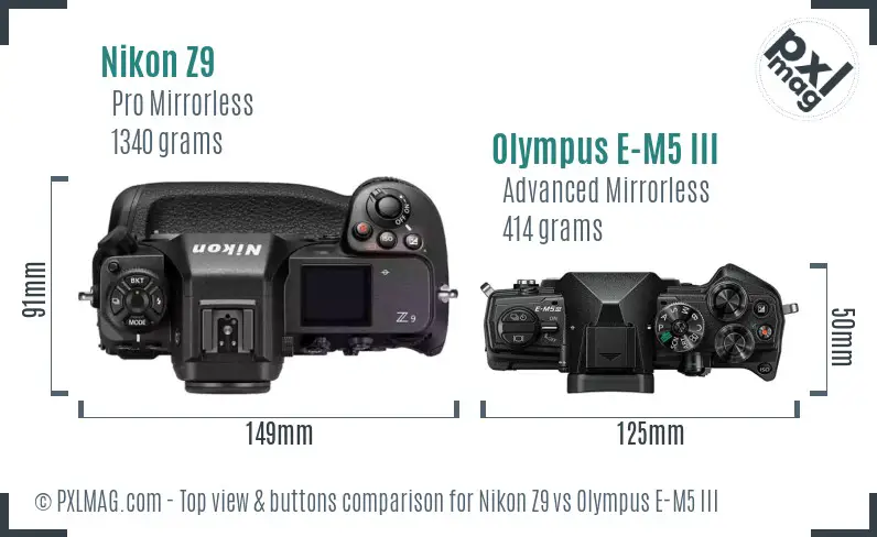 Nikon Z9 vs Olympus E-M5 III top view buttons comparison