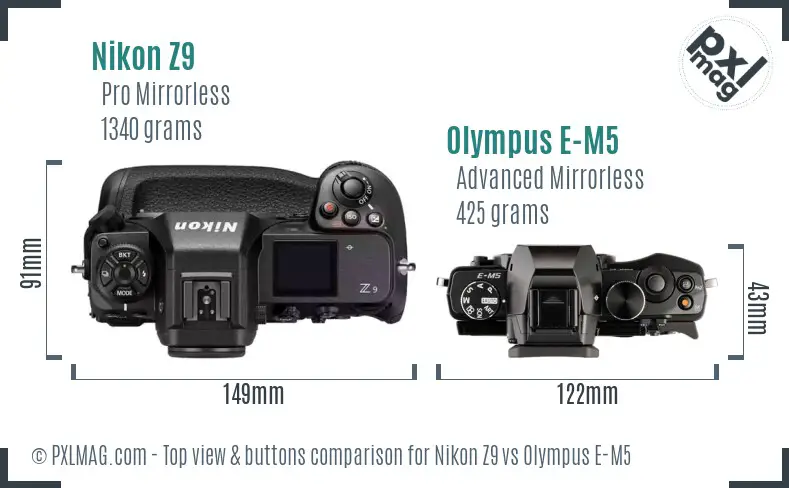 Nikon Z9 vs Olympus E-M5 top view buttons comparison Nikon Z9 vs Olympus E-M5 top view buttons comparison