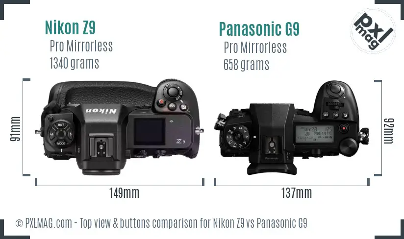 Nikon Z9 vs Panasonic G9 top view buttons comparison