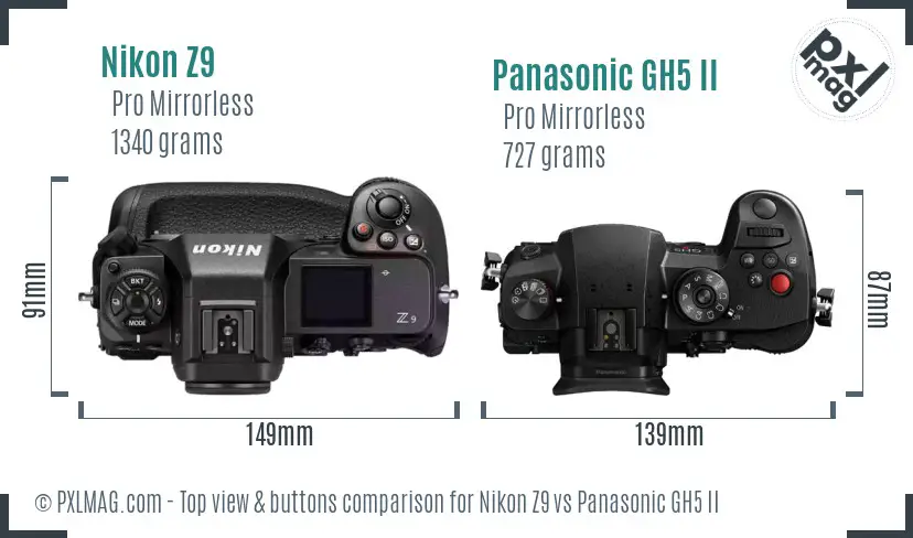 Nikon Z9 vs Panasonic GH5 II top view buttons comparison