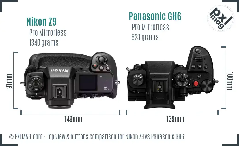 Nikon Z9 vs Panasonic GH6 top view buttons comparison