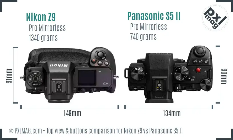 Nikon Z9 vs Panasonic S5 II top view buttons comparison