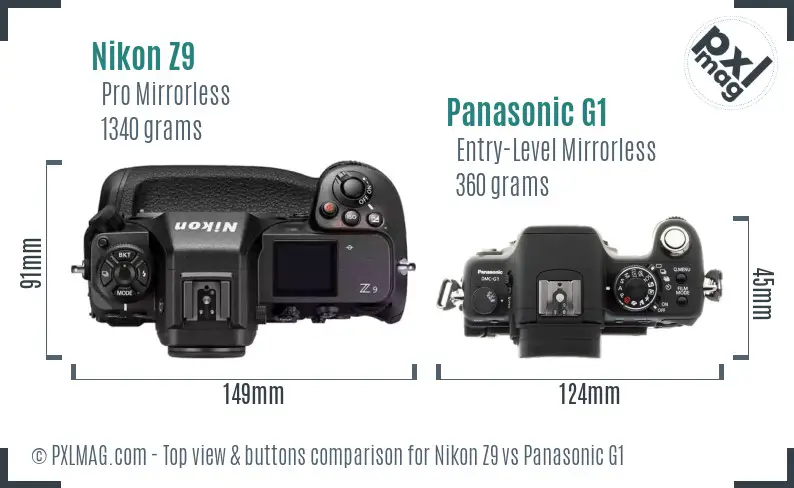 Nikon Z9 vs Panasonic G1 top view buttons comparison Nikon Z9 vs Panasonic G1 top view buttons comparison