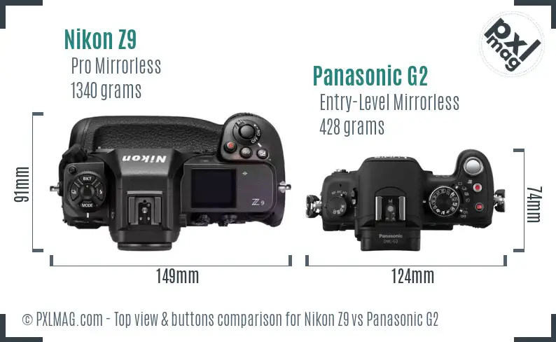 Nikon Z9 vs Panasonic G2 top view buttons comparison Nikon Z9 vs Panasonic G2 top view buttons comparison
