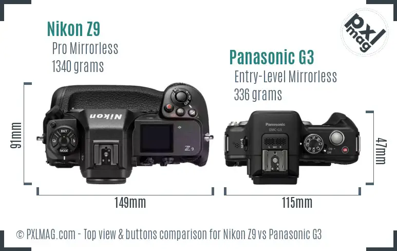 Nikon Z9 vs Panasonic G3 top view buttons comparison