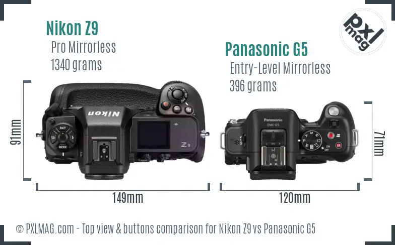 Nikon Z9 vs Panasonic G5 top view buttons comparison