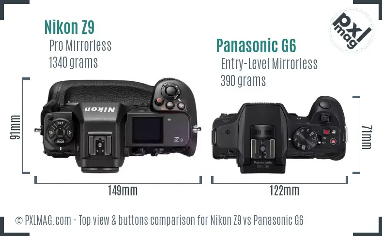 Nikon Z9 vs Panasonic G6 top view buttons comparison