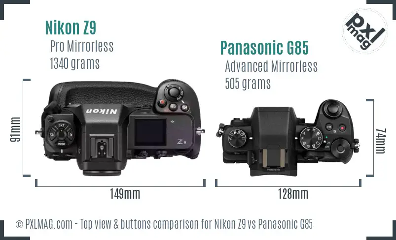 Nikon Z9 vs Panasonic G85 top view buttons comparison