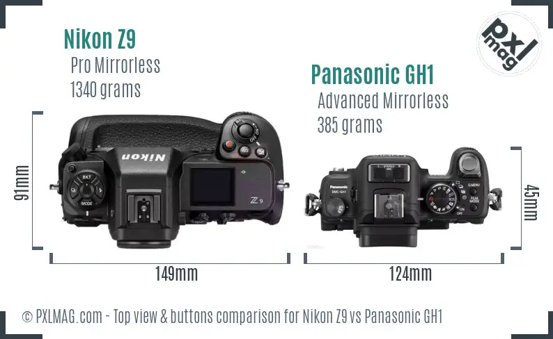 Nikon Z9 vs Panasonic GH1 top view buttons comparison