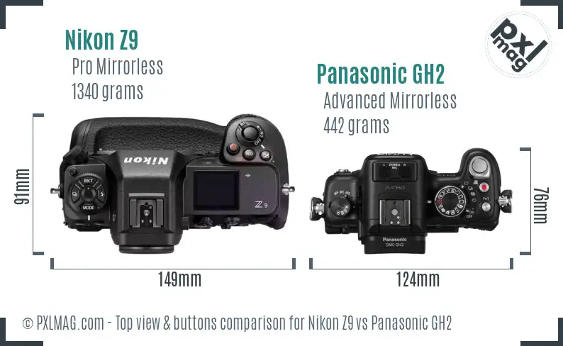 Nikon Z9 vs Panasonic GH2 top view buttons comparison