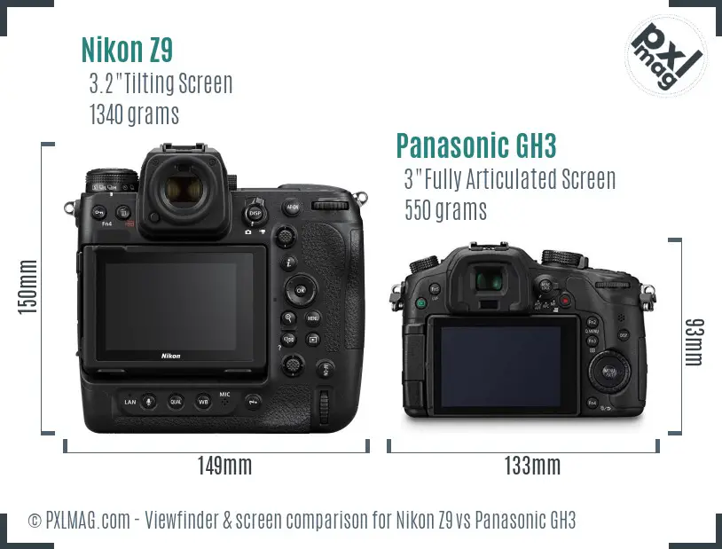 Nikon Z9 vs Panasonic GH3 Screen and Viewfinder comparison