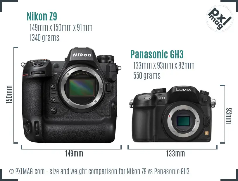 Nikon Z9 vs Panasonic GH3 size comparison